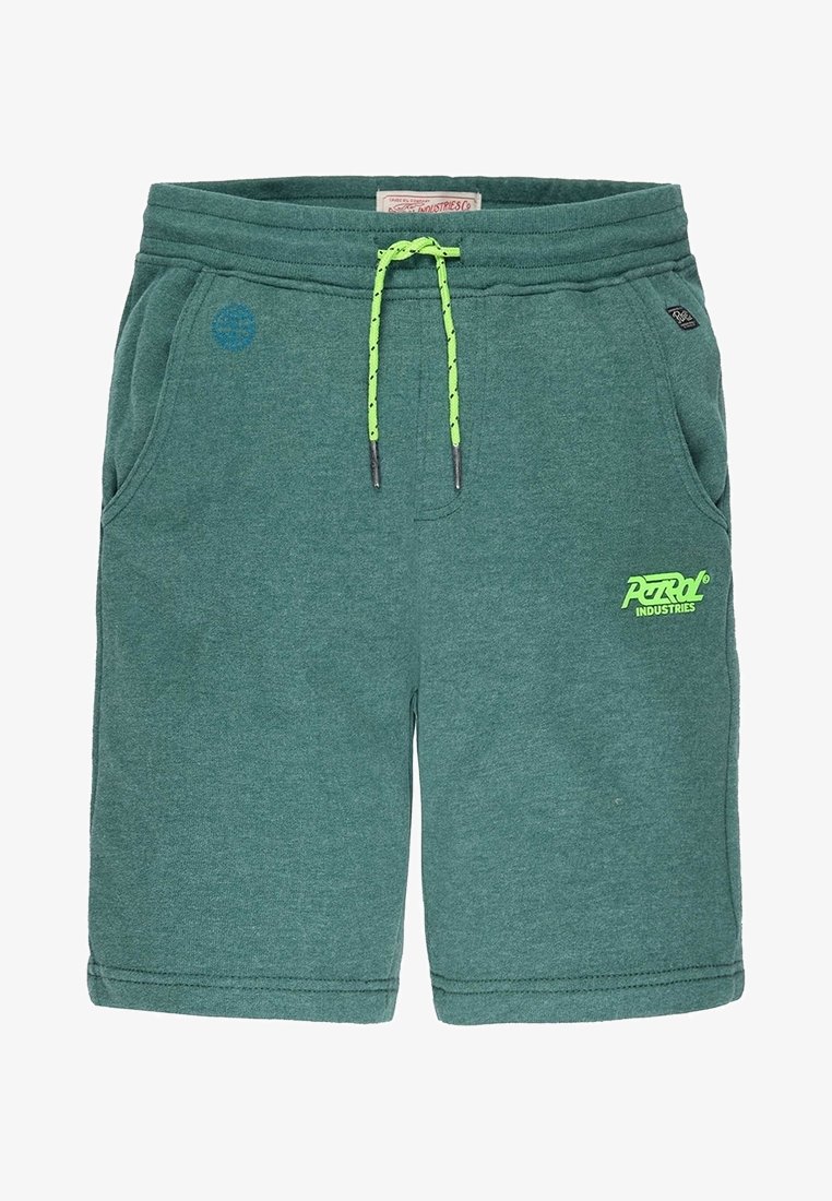 Shorts décontractés bleu sarcelle avec cordon de serrage vert fluo et logo "Petrol Industries" sur la poche avant droite. Deux poches latérales et taille élastique.