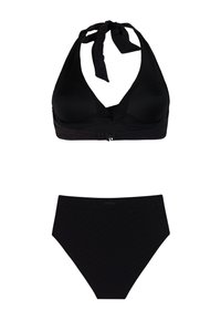 Bikini negro de dos piezas con atadura de cuello halter en la parte superior y parte inferior de talle alto, mostrado sobre fondo blanco.