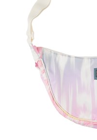 Roze en lavendel tie-dye patroon schoudertas met een gladde textuur, verstelbare crèmekleurige strap en een rechthoekig labelaccent.