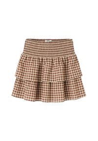Jupe à volants à carreaux marron et beige, avec une taille élastique froncée, un design en couches de volants et une étiquette BZB au centre à l'arrière.