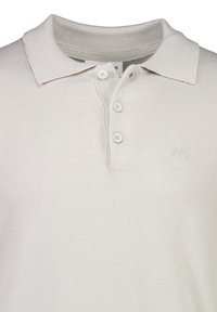 Hellgraues Poloshirt aus Strickstoff. Es verfügt über einen klassischen Kragen, drei Knöpfe und ein kleines gesticktes Logo auf der Brust.
