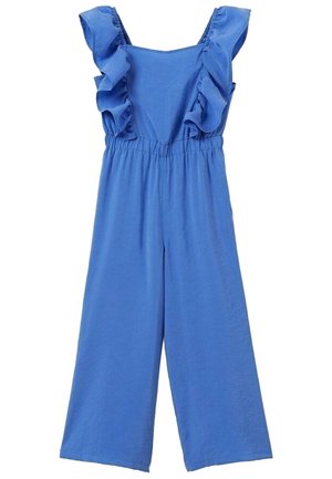 Blå jumpsuit lavet af letvægtsstof. Har volangærmer og en elastisk talje. Bred bendesign med en glat tekstur.
