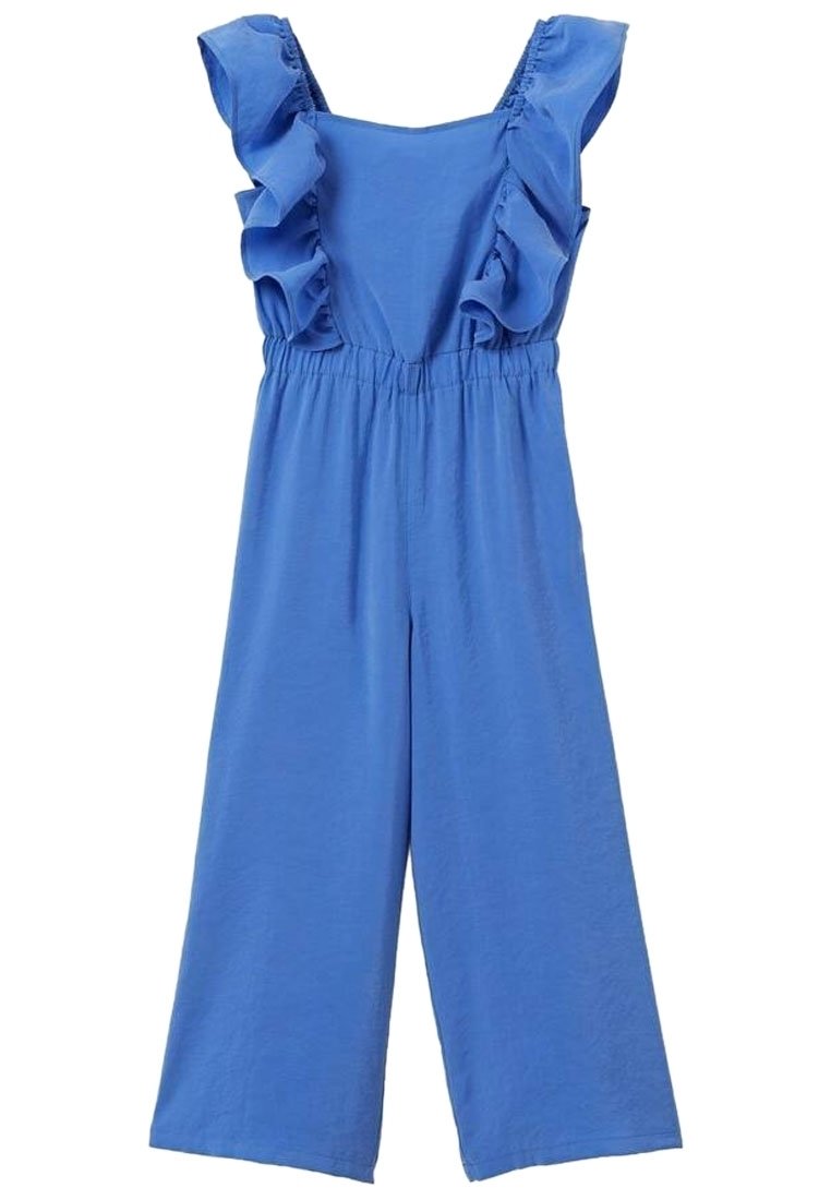 Modrý overal vyrobený z lehké tkaniny. Disponuje volánovými rukávy a elastickým pasem. Design s širokými nohavicemi a hladkou texturou.