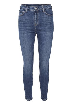 Skinny jeans in dark blue denim, featuring a high waist, five-pocket design, and contrasting stitching along the seams.
