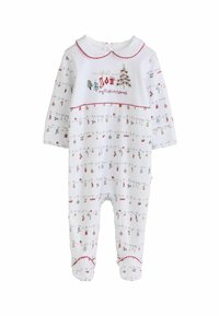 Un body blanc pour bébé présentant une broderie "mon premier Noël" et des motifs festifs colorés, comprenant des arbres, des ornements et des chaussettes.