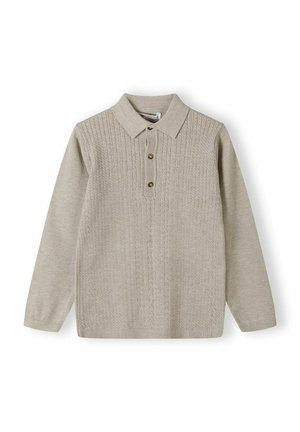Hellbeige Langarm-Polohemd aus strukturiertem Strickstoff; mit einem Kragen und drei Knöpfen auf der Vorderseite.