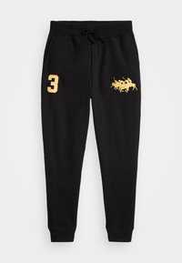 Pantaloni da tuta neri in cotone con vita regolabile tramite cordoncino. Presentano un ricamo dorato di un cavaliere e il numero 3 sulla gamba sinistra.