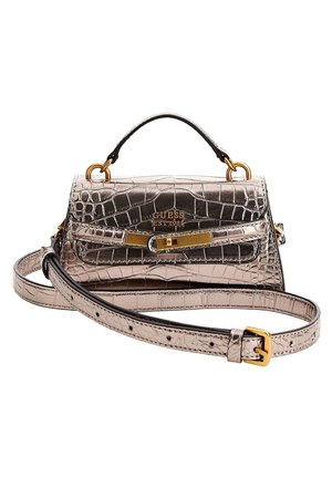 Metallic rose gold crocodile-embossed Guess handbag with top handle, detachable shoulder strap, and gold-tone hardware closure.