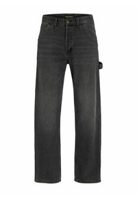 Mustad denim püksid sirge lõikega, millel on nööpidega sulgemine, õmmeldud taskud ja küljetasku.