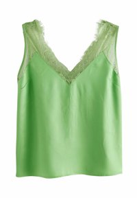 Green sleeveless top featuring a V-neck with lace trim. Smooth fabric with a slight sheen, drapes softly, and has a relaxed fit.