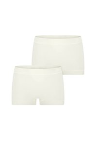 Zwei Paare von cremefarbigen Baumwollmischungs-Boxershorts, die eine glatte Textur, elastische Taillenbündchen und ein Ausschnitt-Detail an der Vorderseite aufweisen.