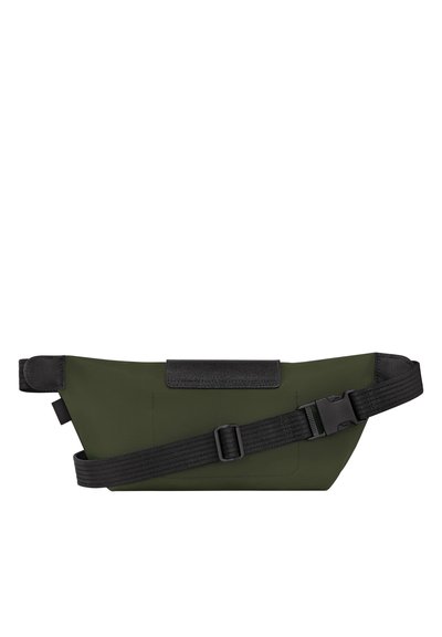 Grünes Stoffgürteltasche mit einem eleganten Design, ausgestattet mit einem schwarzen verstellbaren Gurt und Verschluss, strukturierten Akzenten und einer kompakten Form.