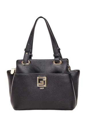 Borsa a mano in pelle nera texturizzata con due spallacci e emblematico logo quadrato dorato sul davanti.