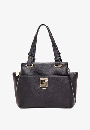 Borsa a mano in pelle nera texturizzata con due spallacci e emblematico logo quadrato dorato sul davanti.