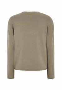 Olive rohelise pika varrukaga sviiter ümmarguse kaelusega, pehme tekstuuriga ja minimaalsete õmblustega, millel on lihtne seljaosa disain ja ilma kaunistusteta.