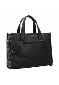 Sac à main en cuir noir avec des poignées doubles, poche zippée sur le côté et un motif tissé texturé d'un côté. Comprend une bandoulière amovible.