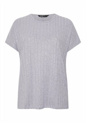 Haut court gris clair en maille côtelée à manches courtes, avec encolure ronde et coupe décontractée.