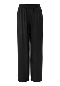 Svarta, vida byxor med elastisk midja, tillverkade av mjukt tyg, med en slät yta och utan synliga mönster eller detaljer.