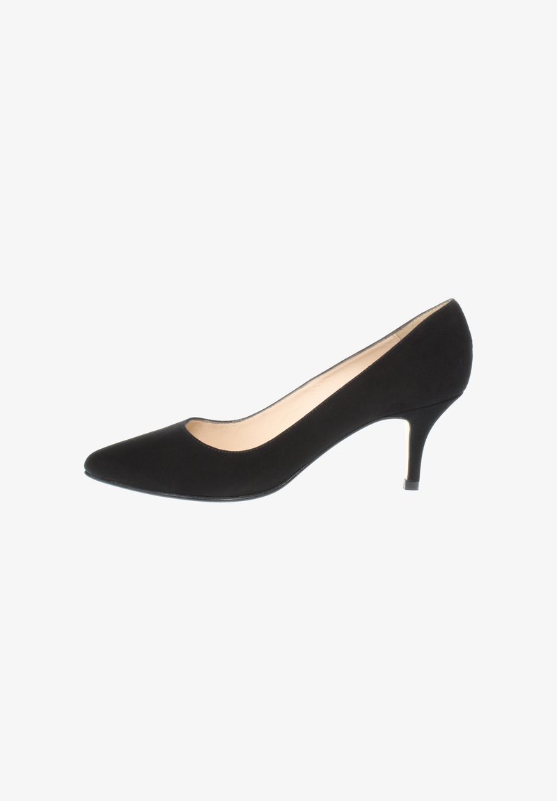 Black suede high-heeled pump with a pointed toe and a narrow heel. Features a smooth texture and minimalistic design. No visible embellishments.