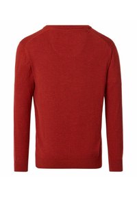 Roter Strickpullover mit Rundhalsausschnitt, langen Ärmeln und gerippten Bündchen. Strukturierter Stoff mit glatter Oberfläche und einem schlichten Design.