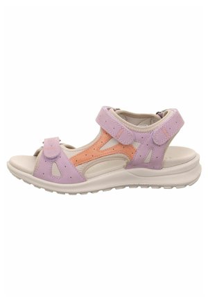 Sandale violette et pêche avec des brides réglables, en cuir perforé, design à bout ouvert et semelle rembourrée pour le confort.