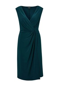 Türkises ärmelloses Kleid mit einem tiefen V-Ausschnitt, das über gedrehte Vorderdetails und drapierte Stoffe für eine figurbetonte Silhouette verfügt.