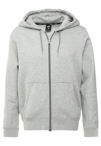 Felpa grigia con zip, realizzata in tessuto morbido, dotata di cappuccio con cordino, tasche frontali e polsini e orlo a coste. Design semplice, senza motivi.
