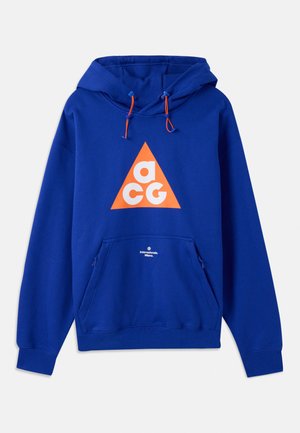 Blue hooded sweatshirt with front pocket, orange triangle logo with white "acg" letters, and "Internazionale Milano" text below pocket.