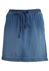 Džínová sukně s elastickým pasem a předníma šňůrkama, středně modrý wash, rovný lem a jemné šicí detaily.