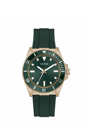 Ura z zelenim gumijastim trakom, ohišjem v zlati barvi, zelenim številčnico in belimi oznakami. Ima vrtljivo luneto in prikaz datuma.