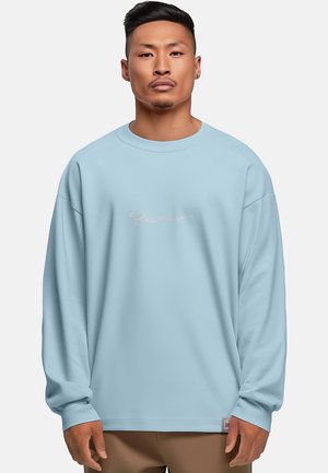 Light blue long-sleeve sweatshirt with ribbed crew neck and embroidered logo in pink on the front; soft fabric, relaxed fit.