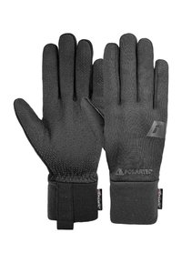 Black outdoor gloves made from durable material, featuring a textured grip, elastic cuffs, and Polartec branding on the wrist.