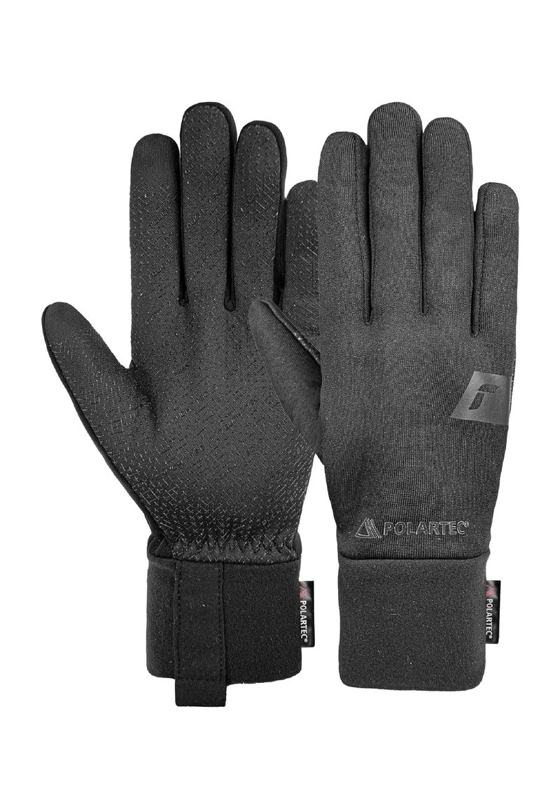 Black outdoor gloves made from durable material, featuring a textured grip, elastic cuffs, and Polartec branding on the wrist.