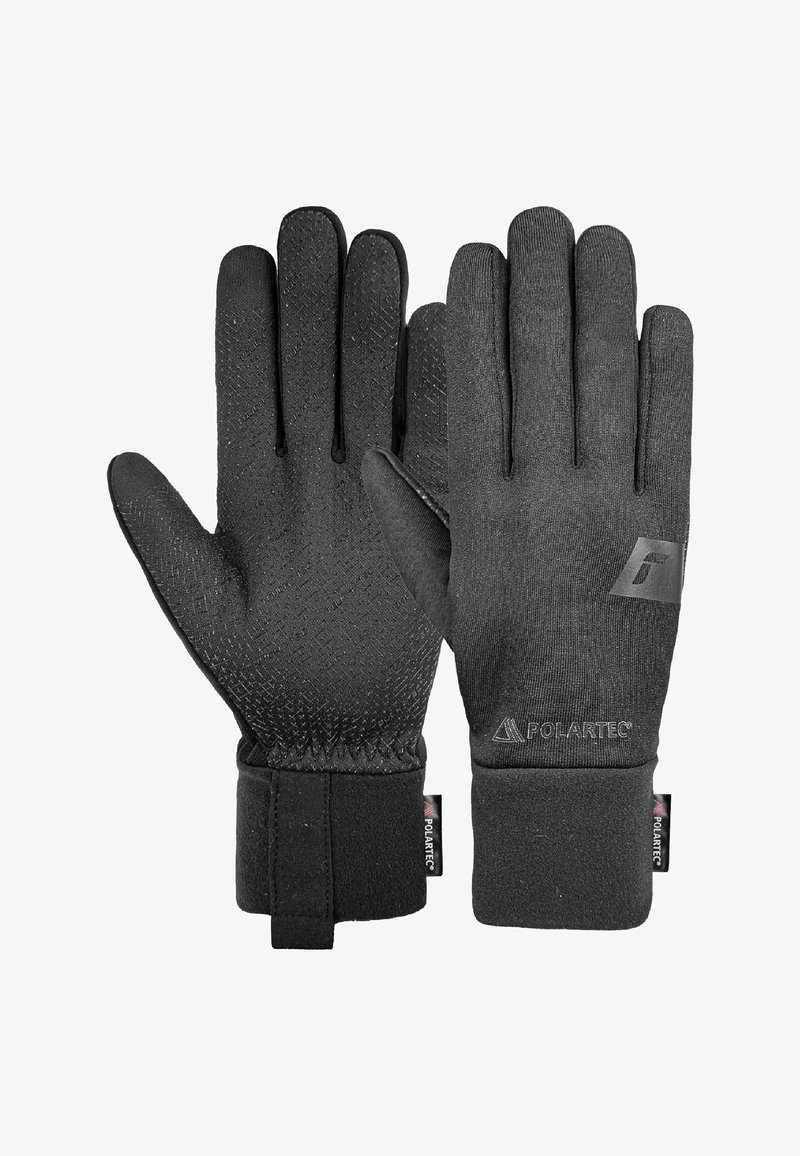 Gants d'extérieur noirs fabriqués en matériau durable, dotés d'une prise texturée, de poignets élastiques et d'une marque Polartec au poignet.