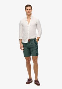 Grüne Badeshorts mit seitlichem Logo-Druck, verstellbarem Kordelzug und leichtem Material. Kombiniert mit einem weißen Hemd und braunen Schuhen.