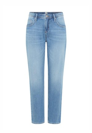 Hellblaue Jeans mit hoher Taille und geradem Bein, vorne mit Taschen, Gürtelschlaufen und Knopfverschluss.