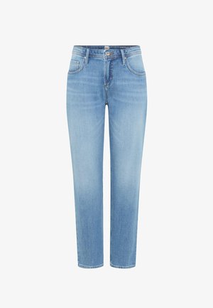 Lyseblå jeans med højtaljet, lige ben, forlommer, bæltestropper og knaplukning.