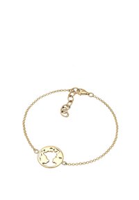 Goldarmband mit einem Globus-Anhänger. Kettenlink-Design, mit einem runden Charm, auf dem eine vereinfachte Weltkarte eingraviert ist. Verschluss mit Karabinerverschluss.