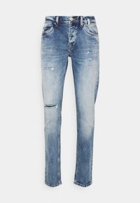 Modré džínové kalhoty s vybledlým efektem, zdobené roztrženými detaily na kolenou, s rovně střiženým střihem, pěti kapsami a zapínáním na knoflíky.