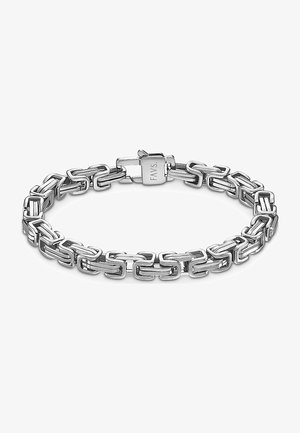 Zilveren kettingarmband met onderling verbonden rechthoekige schakels, gepolijste afwerking en een veilige sluiting met het merklogo erop gegraveerd.