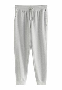 Hellgraue Baumwoll-Sweatpants mit elastischem Bund und Kordelzug, ausgestattet mit Taschen an den Seiten und gerippten Bündchen an den Knöcheln.