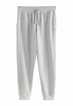 Light gray cotton sweatpants with an elastic waistband and drawstring, featuring side pockets and ribbed cuffs at the ankles.