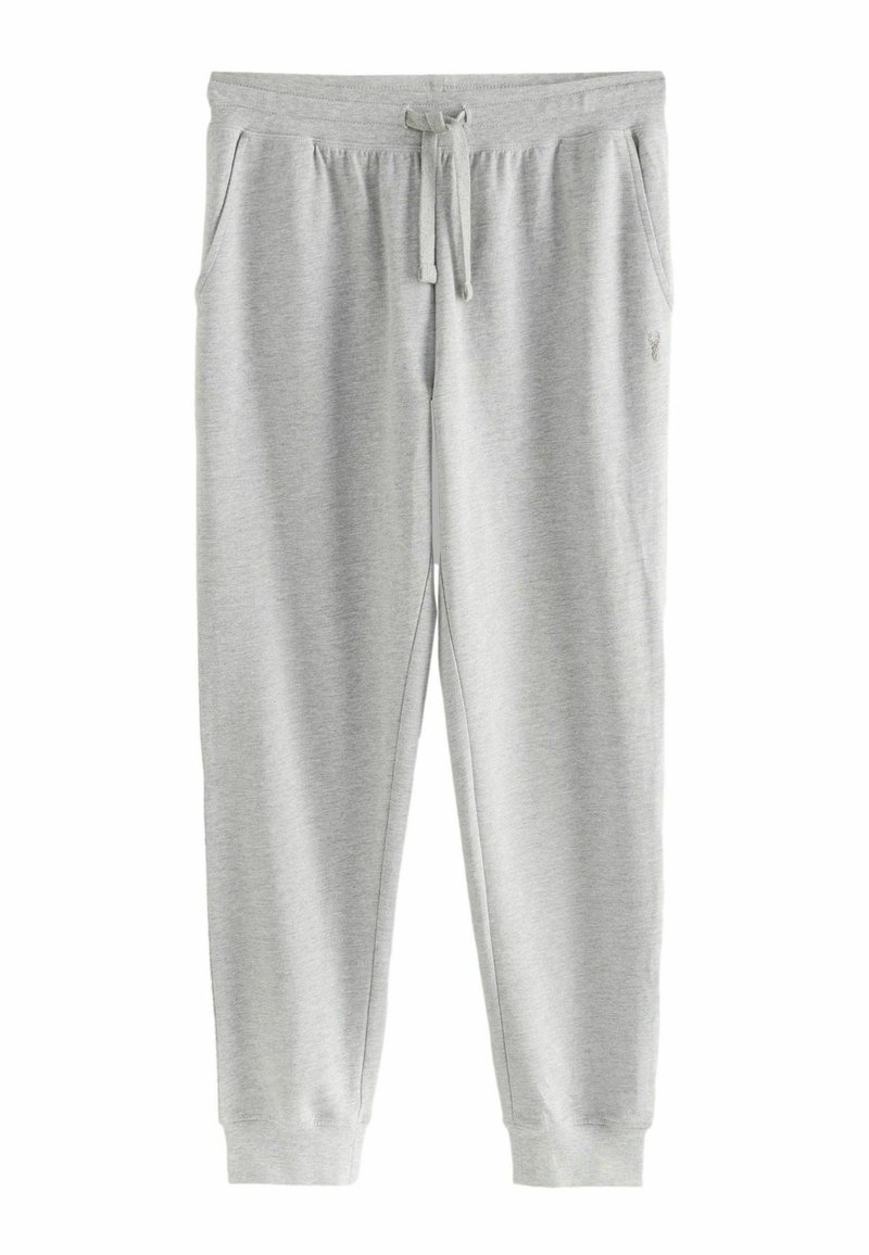 Hellgraue Baumwoll-Sweatpants mit elastischem Bund und Kordelzug, ausgestattet mit Taschen an den Seiten und gerippten Bündchen an den Knöcheln.