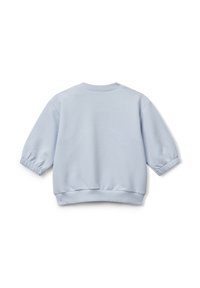 Svetle modrá mikina pro batole s dlouhými rukávy a elastickými manžetami, zobrazená zezadu na bílém pozadí.