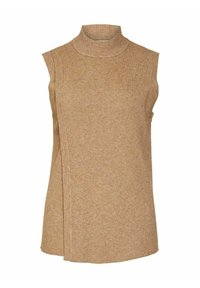 Haut en tricot côtelé beige sans manches avec col montant et détail de couture asymétrique à l'avant.
