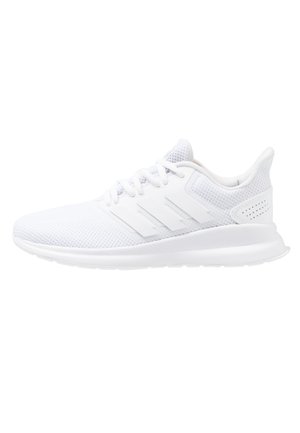 Chaussure de course blanche en mesh respirant avec lacets et semelle coussinée, présentée de côté sur fond blanc.