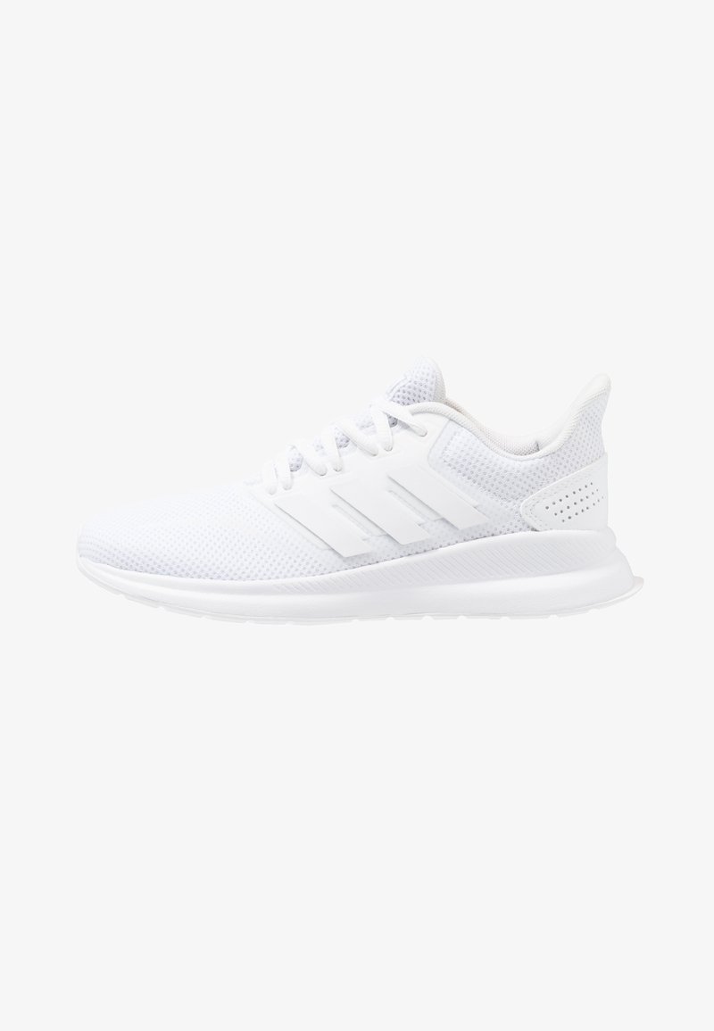 Chaussure de course blanche en mesh respirant avec lacets et semelle coussinée, présentée de côté sur fond blanc.