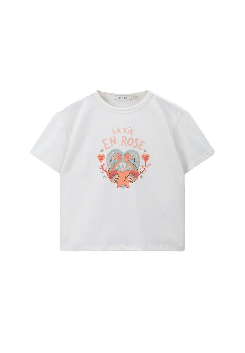 Witte katoenen t-shirt met een ronde hals, korte mouwen, met een pastelafbeelding van twee vogels en bloemmotieven met de tekst "LA VIE EN ROSE."