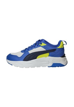 Blue, white, and yellow athletic sneaker with black Puma stripe, cushioned white sole, and lace-up design, shown in side profile.