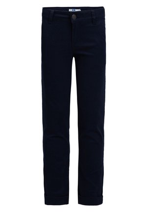 Ciemnoniebieskie spodnie o prostym kroju z zapięciem na guzik z przodu oraz szlufkami na pasek, z podwiniętymi mankietami na dole.